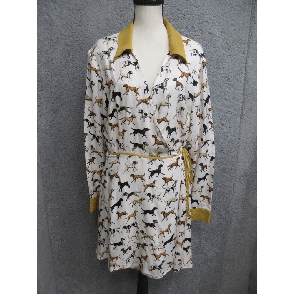 Maeve Wrap Dress Women XL Cream Dog Print Novelty Whimsical Quirky Eclectic Boho